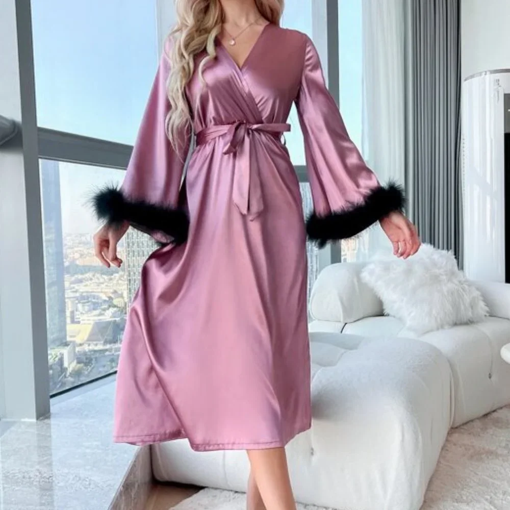 Trumpet Sleeve with Feather Cuff  Belted Satin Sleep Robe